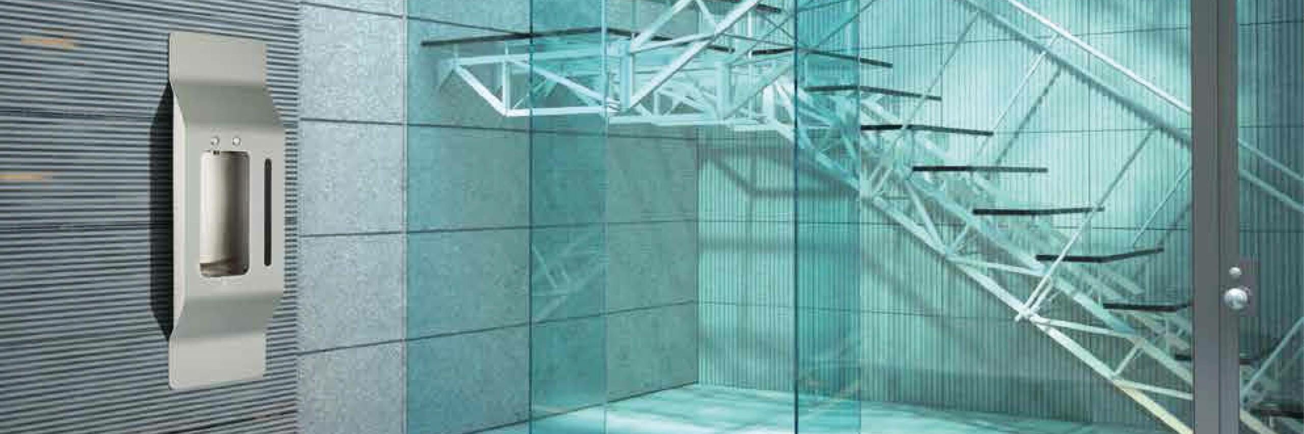 A bluedrop water wall product on a wall in a building.