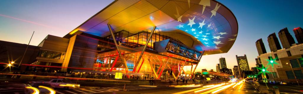 Exterior of the Boston Convention Center at night.