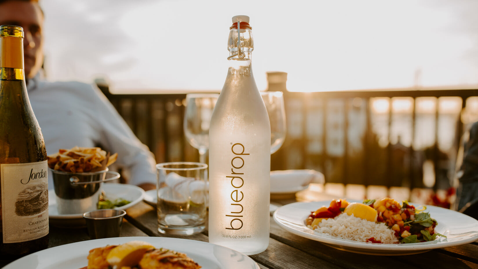 Bluedrop bottle on a restaurant table.