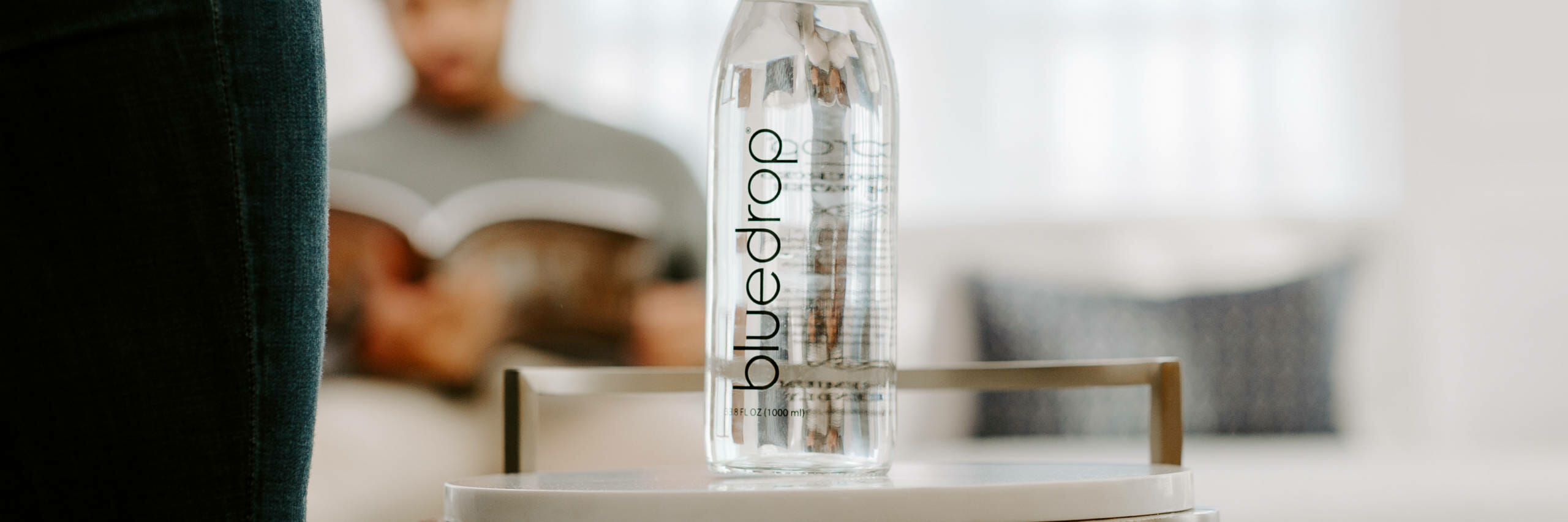 A custom bottle of bluedrop water.