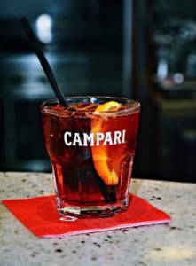 Americano cocktail in a Campari glass